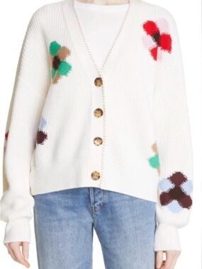 White Floral Patch V‑Neck Button Cardigan Sweater